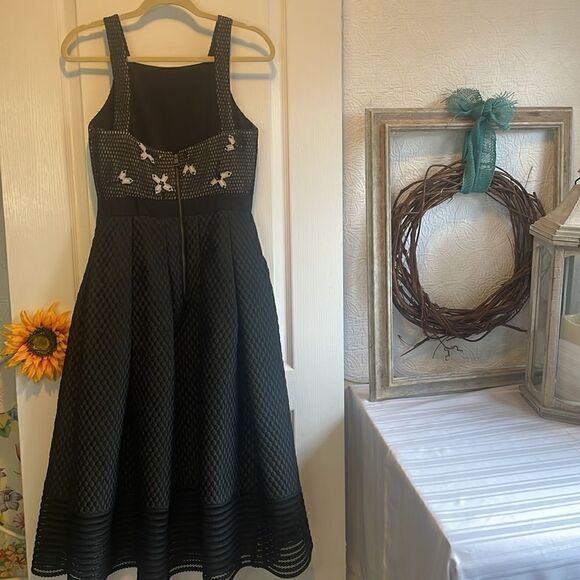 Noir Sachin & Babi Quilted Black Box Pleat Mesh Top Sequin Midi Dress Size 4 - Picture 10 of 16